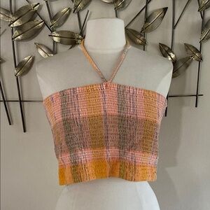 Universal Thread Smocked Orange and Pink Crop Halter Top